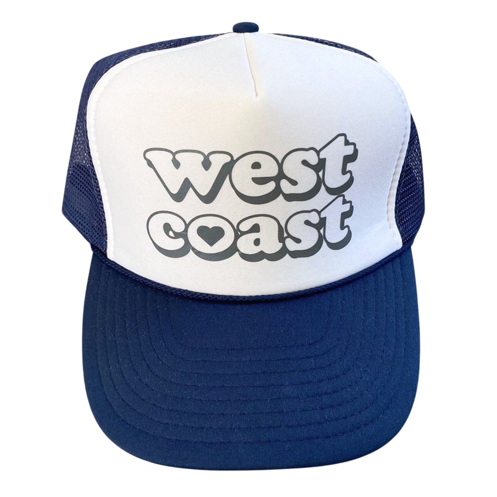 West Coast Trucker Hat Blue White Cali Surfer Retro Y2K Mesh Snapback